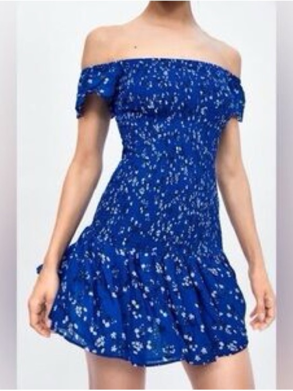 Zara Royal Blue Off-Shoulder Floral Mini Dress